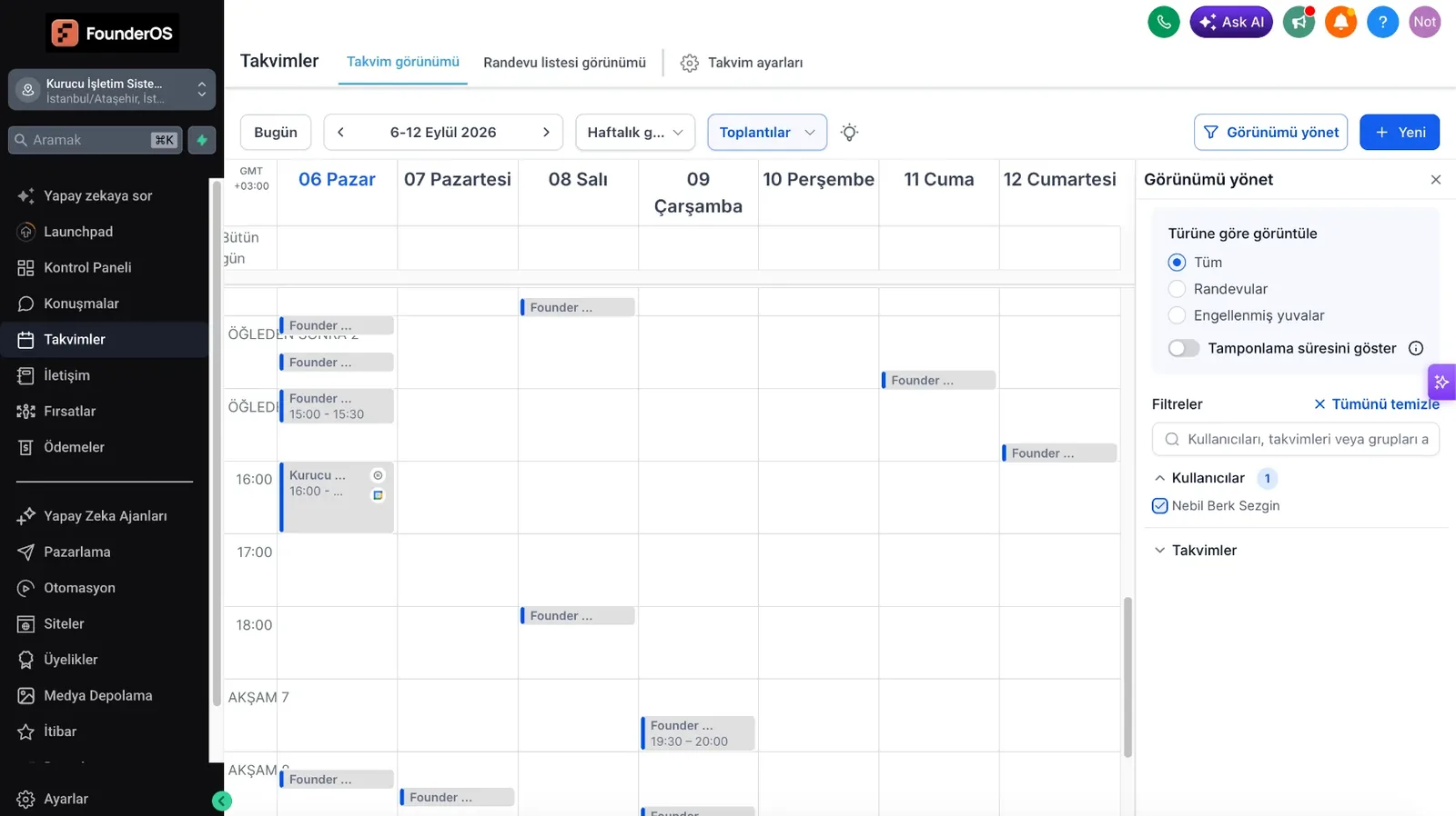 FounderOS CRM takvim ekranı