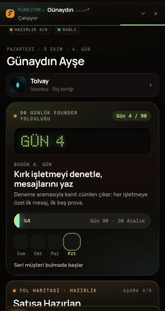 FounderOS günlük plan ekranı