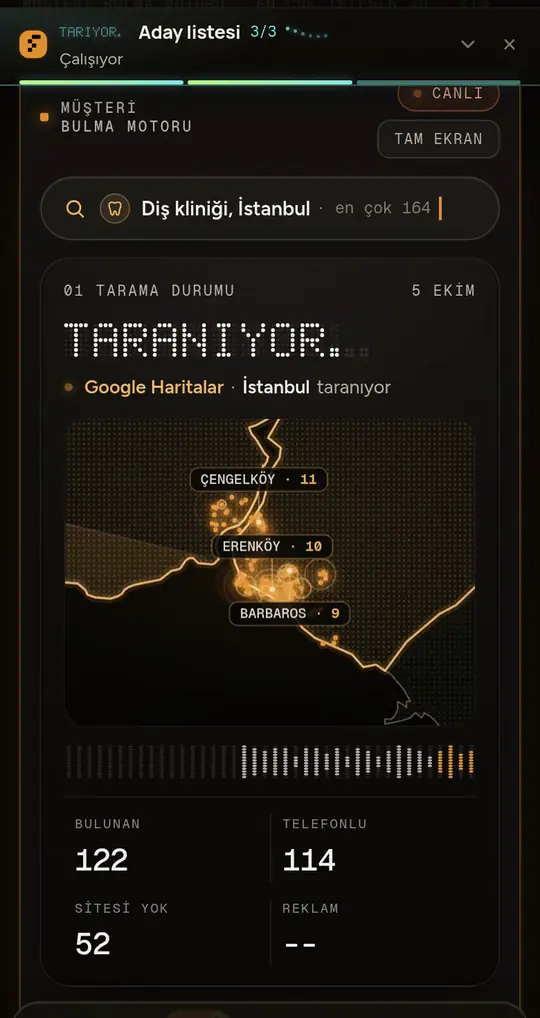 Müşteri bulma motoru tarama ekranı
